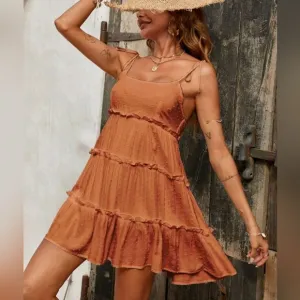 * New Boho Swiss Polka Dot Babydoll Cami Mini Dress Sundress Dusty Burnt Orange