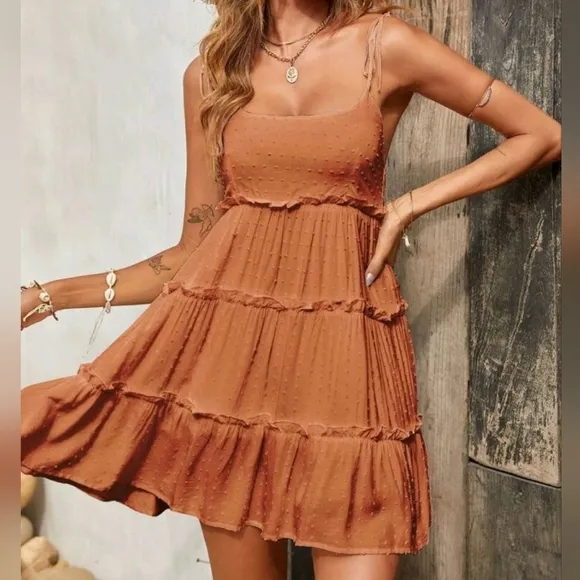 * New Boho Swiss Polka Dot Babydoll Cami Mini Dress Sundress Dusty Burnt Orange