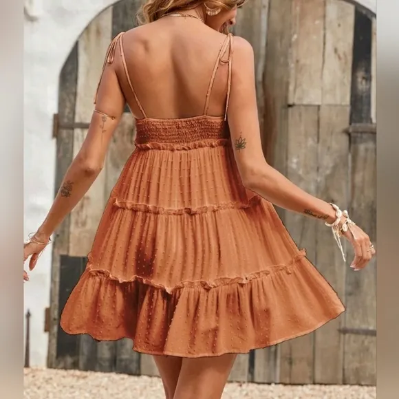 * New Boho Swiss Polka Dot Babydoll Cami Mini Dress Sundress Dusty Burnt Orange