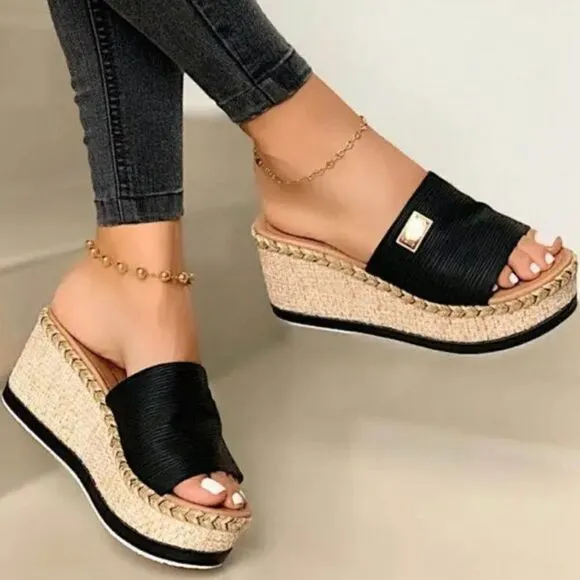 💼 Open Toe Casual Wedge Sandal Black Canvas