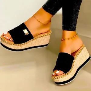 💼 Open Toe Casual Wedge Sandal Black Canvas