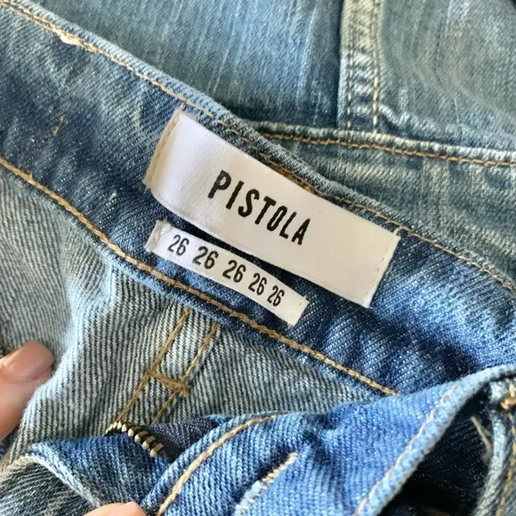 | pistola • ryder medium wash high-waisted denim mini skirt • size 26 |