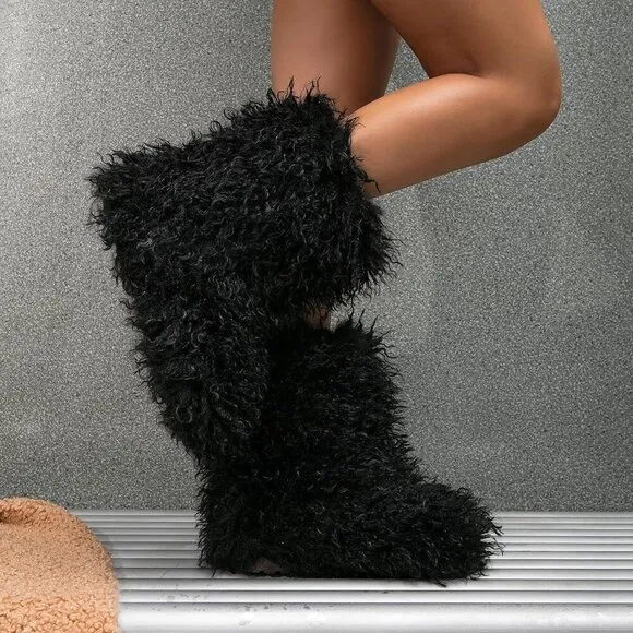 ✨ Valpeak Furry Boots Women Black Faux Fur Mongolian Winter Fluffy Fuzzy Boots
