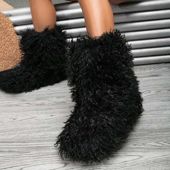 ✨ Valpeak Furry Boots Women Black Faux Fur Mongolian Winter Fluffy Fuzzy Boots