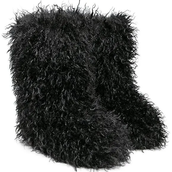 ✨ Valpeak Furry Boots Women Black Faux Fur Mongolian Winter Fluffy Fuzzy Boots