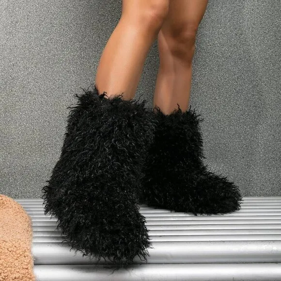 ✨ Valpeak Furry Boots Women Black Faux Fur Mongolian Winter Fluffy Fuzzy Boots