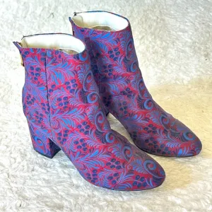 1901 Chunky Floral Brocade Patterned Ankle Boots - Red and Blue 7.5