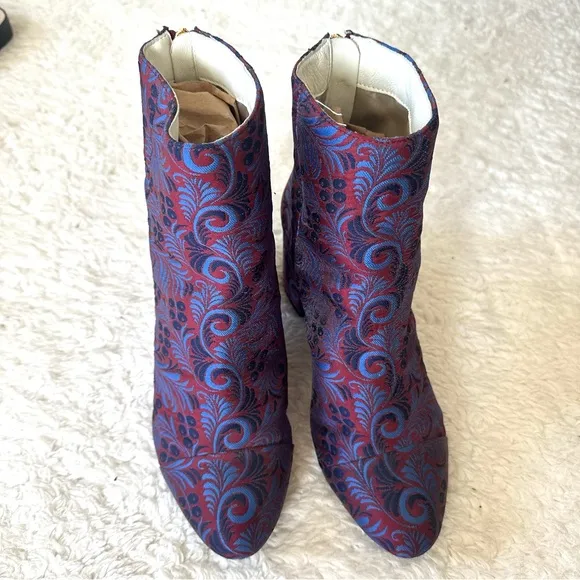 1901 Chunky Floral Brocade Patterned Ankle Boots - Red and Blue 7.5