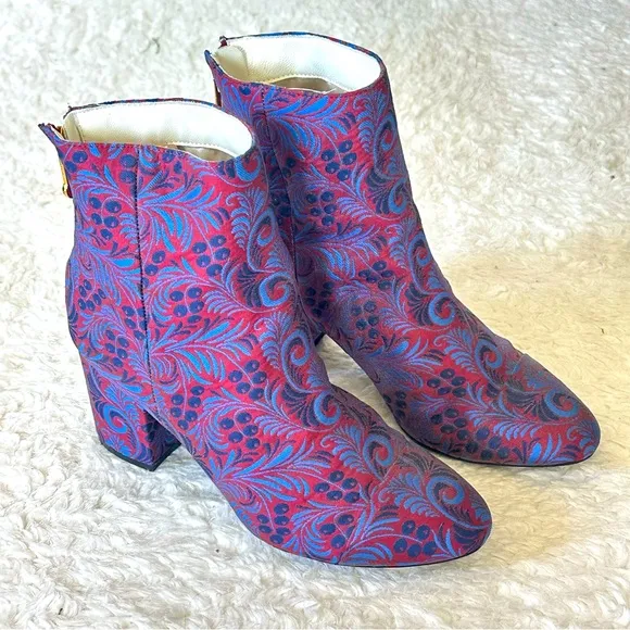 1901 Chunky Floral Brocade Patterned Ankle Boots - Red and Blue 7.5