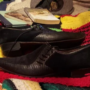 1970s Vintage European Designer Black Suede And Lizard Leather Dress Shoes.