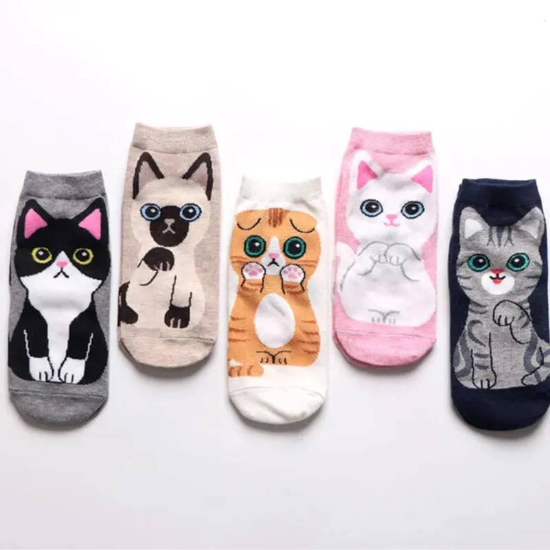 5 Pairs Set Women's Cute Cat Cartoon Ankle Socks