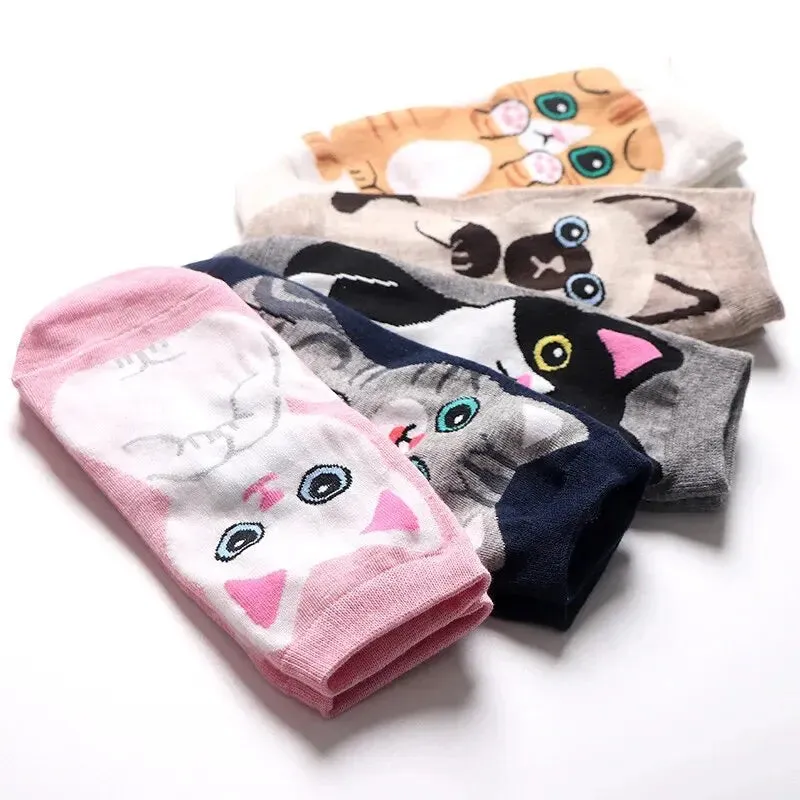 5 Pairs Set Women's Cute Cat Cartoon Ankle Socks