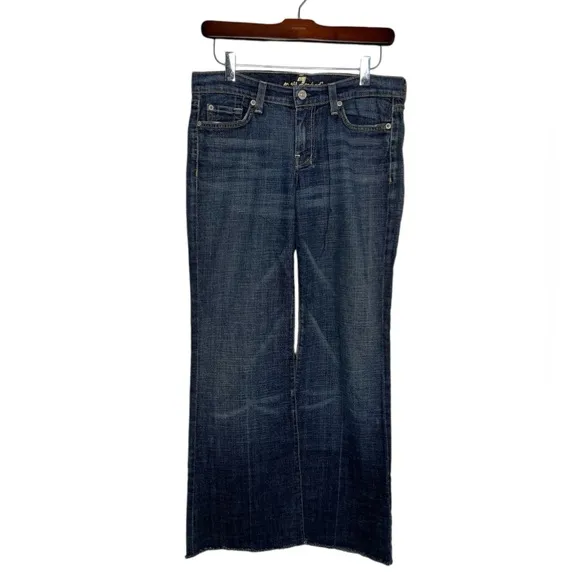7 For All Mankind Seven Dojo Flare Jeans Pants Blue Dark Wash Raw Hem Size 27