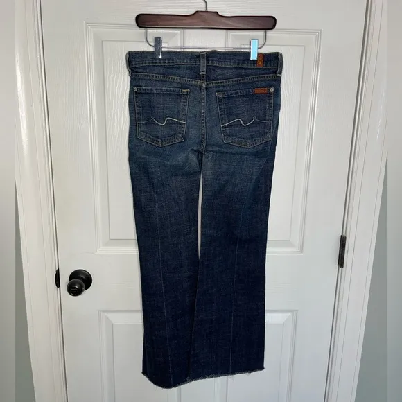 7 For All Mankind Seven Dojo Flare Jeans Pants Blue Dark Wash Raw Hem Size 27