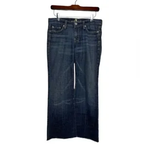 7 For All Mankind Seven Dojo Flare Jeans Pants Blue Dark Wash Raw Hem Size 27