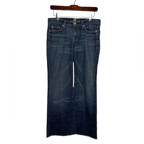 7 For All Mankind Seven Dojo Flare Jeans Pants Blue Dark Wash Raw Hem Size 27