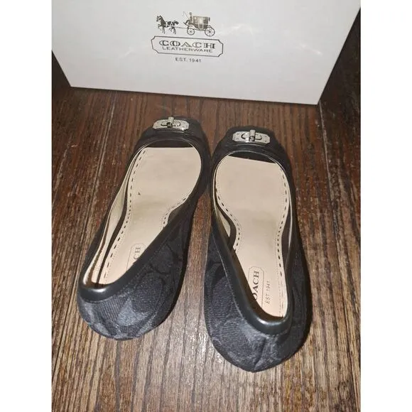 9.5B Coach Black Thea Wedge High Heel Peep Toe Signature Dress Shoes w Box