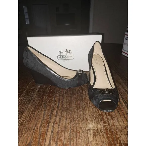 9.5B Coach Black Thea Wedge High Heel Peep Toe Signature Dress Shoes w Box
