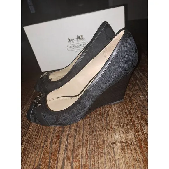 9.5B Coach Black Thea Wedge High Heel Peep Toe Signature Dress Shoes w Box