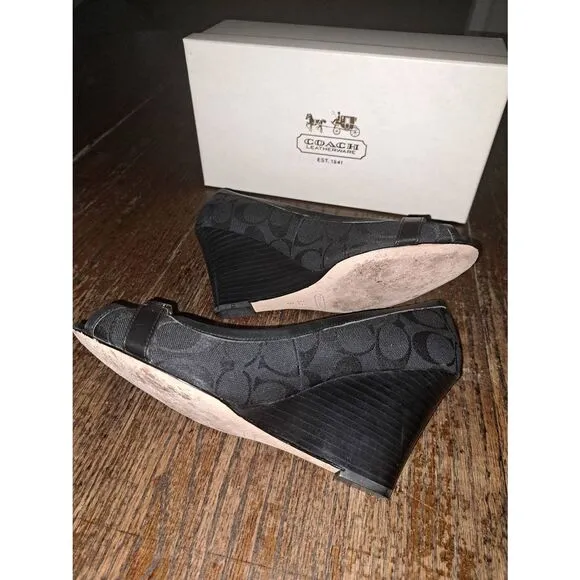 9.5B Coach Black Thea Wedge High Heel Peep Toe Signature Dress Shoes w Box