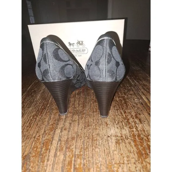 9.5B Coach Black Thea Wedge High Heel Peep Toe Signature Dress Shoes w Box