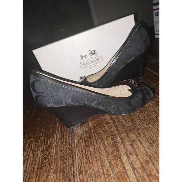 9.5B Coach Black Thea Wedge High Heel Peep Toe Signature Dress Shoes w Box