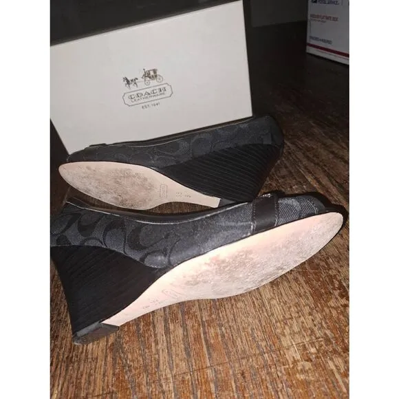 9.5B Coach Black Thea Wedge High Heel Peep Toe Signature Dress Shoes w Box