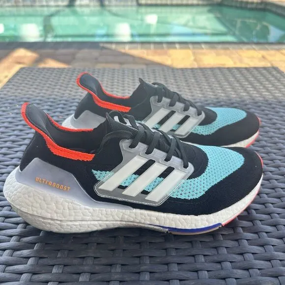 Adidas UltraBoost 21 Black Pulse Aqua Men's Athletic Shoes S23867 Size 8