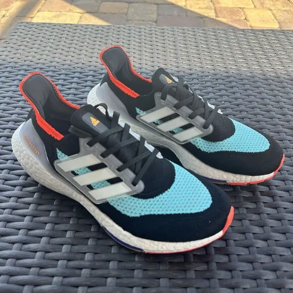 Adidas UltraBoost 21 Black Pulse Aqua Men's Athletic Shoes S23867 Size 8