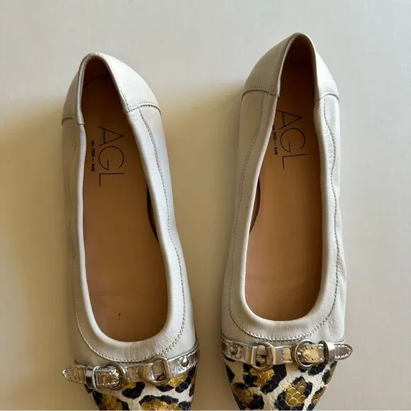 AGL ATTILIO GIUSTI LEOMBRUNI Ivory Leopard Print Cap Toe Ballet Flats Shoes