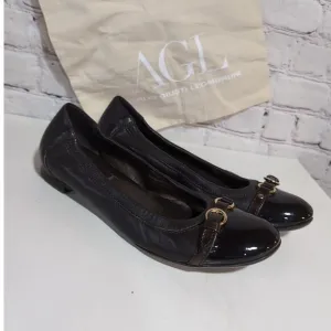 AGL Monika Ballet Flats Womens 38 US 8 Brown Leather Buckle Patent Cap Toe Shoes