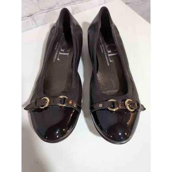 AGL Monika Ballet Flats Womens 38 US 8 Brown Leather Buckle Patent Cap Toe Shoes