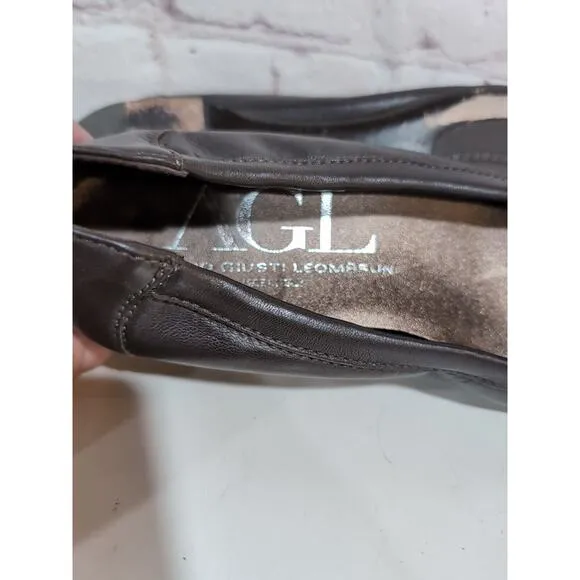 AGL Monika Ballet Flats Womens 38 US 8 Brown Leather Buckle Patent Cap Toe Shoes
