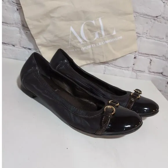 AGL Monika Ballet Flats Womens 38 US 8 Brown Leather Buckle Patent Cap Toe Shoes