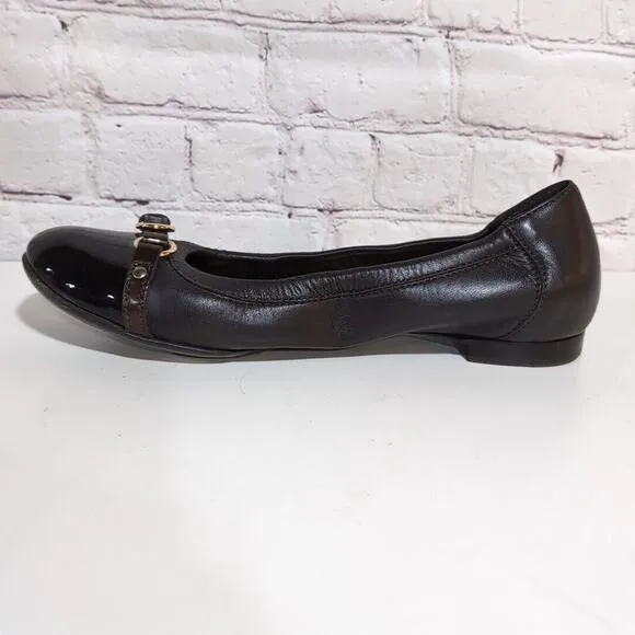 AGL Monika Ballet Flats Womens 38 US 8 Brown Leather Buckle Patent Cap Toe Shoes