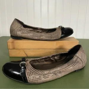 AGL Tweedy Leather Ballet Flats w Patent Toe Caps &amp; Decorative Buckles
