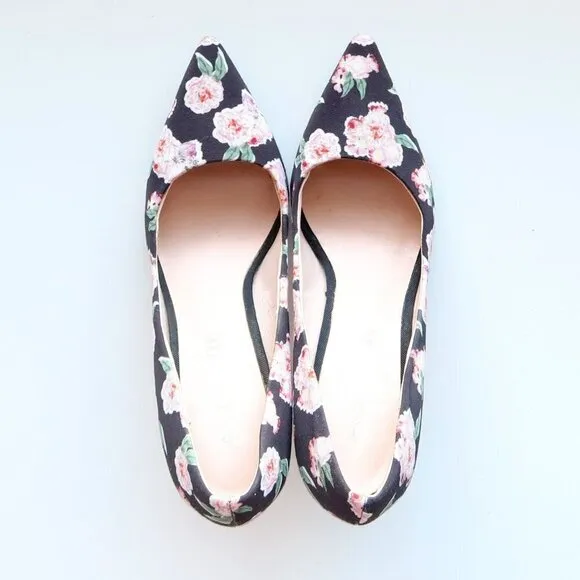 Aldo Black &amp; Pink Floral Canvas Pointy Toe Heels Pumps Formal Dress Shoes 7.5