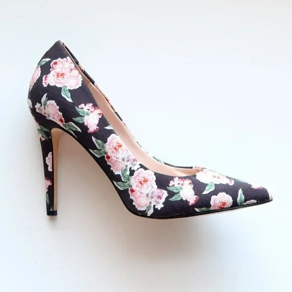 Aldo Black &amp; Pink Floral Canvas Pointy Toe Heels Pumps Formal Dress Shoes 7.5