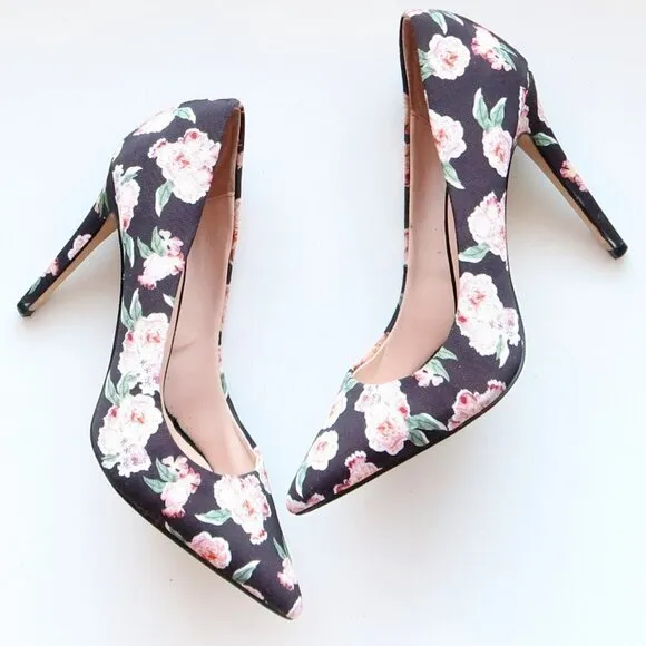 Aldo Black &amp; Pink Floral Canvas Pointy Toe Heels Pumps Formal Dress Shoes 7.5