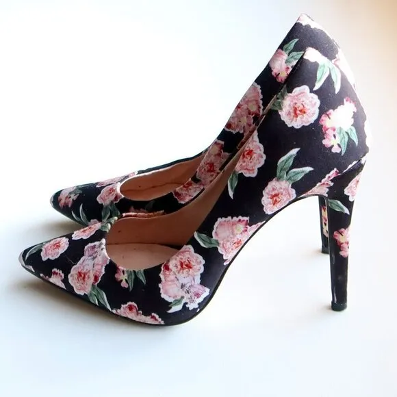 Aldo Black &amp; Pink Floral Canvas Pointy Toe Heels Pumps Formal Dress Shoes 7.5