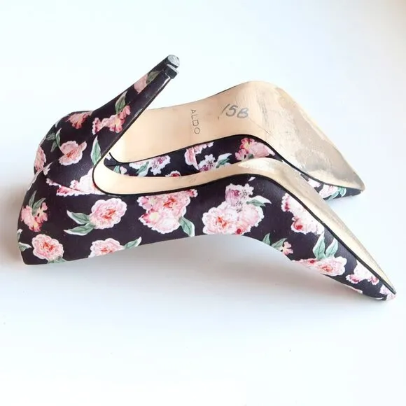 Aldo Black &amp; Pink Floral Canvas Pointy Toe Heels Pumps Formal Dress Shoes 7.5