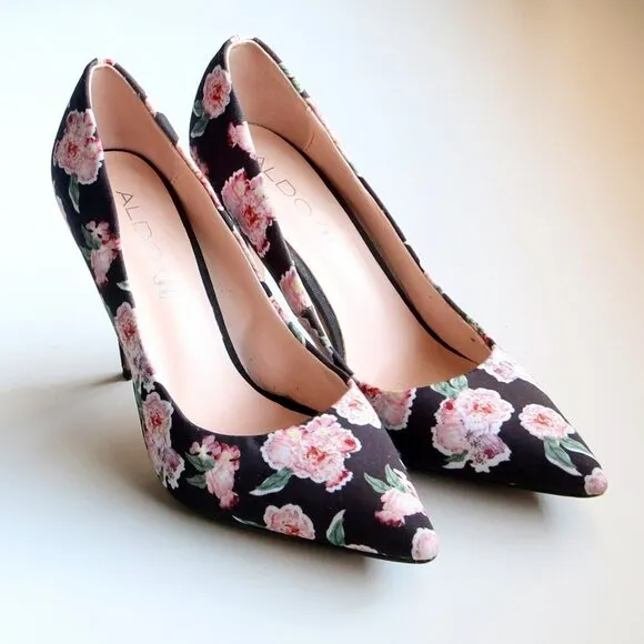 Aldo Black &amp; Pink Floral Canvas Pointy Toe Heels Pumps Formal Dress Shoes 7.5