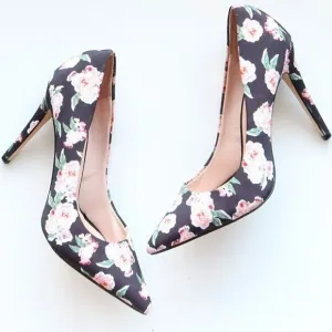 Aldo Black &amp; Pink Floral Canvas Pointy Toe Heels Pumps Formal Dress Shoes 7.5