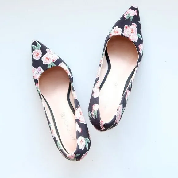 Aldo Black &amp; Pink Floral Canvas Pointy Toe Heels Pumps Formal Dress Shoes 7.5