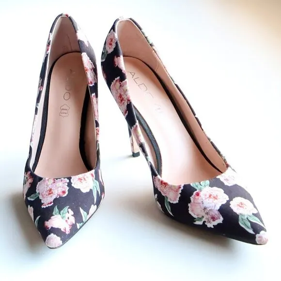 Aldo Black &amp; Pink Floral Canvas Pointy Toe Heels Pumps Formal Dress Shoes 7.5