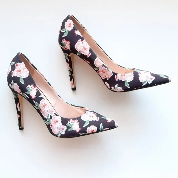 Aldo Black &amp; Pink Floral Canvas Pointy Toe Heels Pumps Formal Dress Shoes 7.5