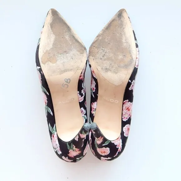 Aldo Black &amp; Pink Floral Canvas Pointy Toe Heels Pumps Formal Dress Shoes 7.5