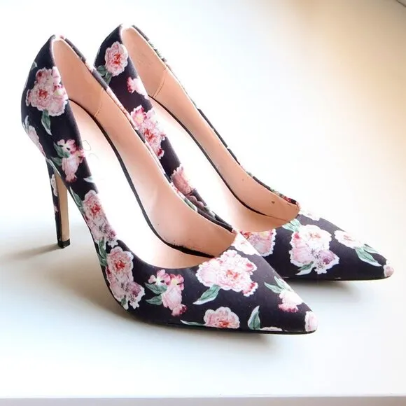 Aldo Black &amp; Pink Floral Canvas Pointy Toe Heels Pumps Formal Dress Shoes 7.5