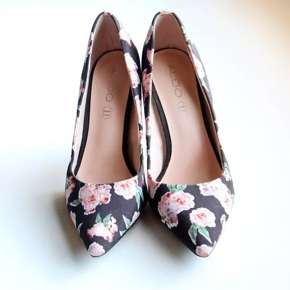 Aldo Black &amp; Pink Floral Canvas Pointy Toe Heels Pumps Formal Dress Shoes 7.5