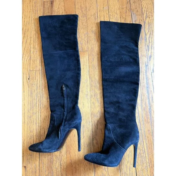 Alexander Wang Over The Knee Black Suede Leather Boots Stiletto Heel Size 37 GUC